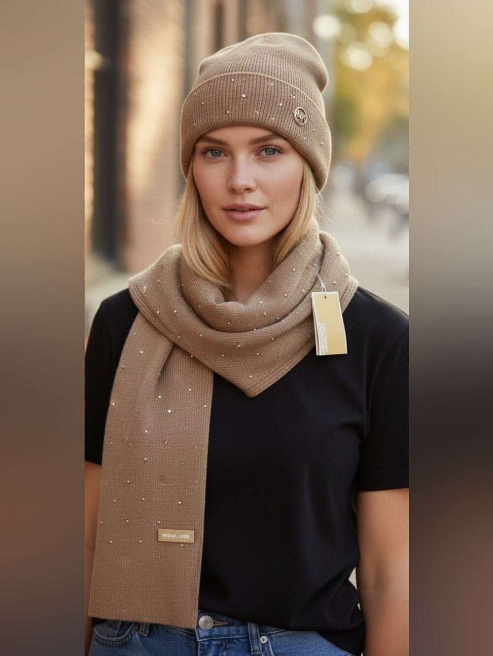 NWT NEW Michael Kors Knit 2 Piece Studded Hat and Scarf SET Beige Tan